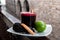 Chicha morada. Peruvian drink, decorated with lime