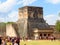 Chichen Itza, Mexico; April 16 2015: People visiting the ancient buildings of maya culture liek the pyramid, jaguar temple, planet