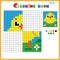 Chick or chicken. Color the image symmetrically. Coloring book for kids. Colorful Puzzle Game for Children with answer