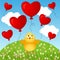 Chick with flying heart balloons background