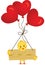 Chick with wooden sign and heart balloons