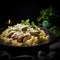 Chicken Alfredo, Tagliatelle with greens and cream sauce on a dark background, Fettuccine meal