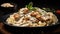 Chicken Alfredo, Tagliatelle with greens and cream sauce on a dark background, Fettuccine meal