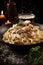 Chicken Alfredo, Tagliatelle with greens and cream sauce on a dark background, Fettuccine meal