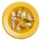 Chicken broth with egg in a colored plate. Meals for children