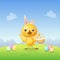 Chicken with bunny ears and basket with decorated eggs celebrate Easter - spring landscape background