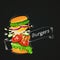 Chicken burger icon. Flying burger showing ingredients with outline and ribbon drawn with chalk.