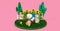 Chicken carries a large festive egg in a basket with flowers, a chicken pulled into a cart, Easter