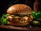 Chicken cheese burger on the wooden table over dark background