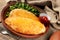 Chicken cheese schnitzel with green salad and tomato sauce