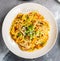 Chicken Chow mein served in a dish isolated on dark background top view