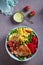 Chicken Cobb Salad. Chicken bacon avocado strawberry and sweet corn salad - healthy food.