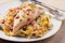 Chicken and creamy bacon and mushroom pasta.