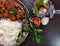 Chicken curry with rice and onion & tomato,chilly,indian dish