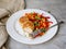 Chicken cutlets with steamed Mix vegetables, Chicken meat balls on white plate. Heathy lunch, diet food. Selective focus, close up