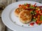 Chicken cutlets with steamed Mix vegetables, Chicken meat balls on white plate. Heathy lunch, diet food. Selective focus, close up