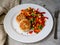 Chicken cutlets with steamed Mix vegetables, Chicken meat balls on white plate. Heathy lunch, diet food. Selective focus, close up