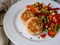 Chicken cutlets with steamed Mix vegetables, Chicken meat balls on white plate. Heathy lunch, diet food. Selective focus, close up