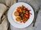 Chicken cutlets with steamed Mix vegetables, Chicken meat balls on white plate. Heathy lunch, diet food. Selective focus, close up