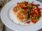 Chicken cutlets with steamed Mix vegetables, Chicken meat balls on white plate. Heathy lunch, diet food. Selective focus, close up