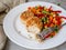 Chicken cutlets with steamed Mix vegetables, Chicken meat balls on white plate. Heathy lunch, diet food. Selective focus, close up