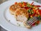 Chicken cutlets with steamed Mix vegetables, Chicken meat balls on white plate. Heathy lunch, diet food. Selective focus, close up