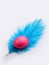 A chicken easter egg pink colored on a blue ostrich feather on a white background with copy space.