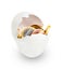 Chicken egg shell filled with euro coins. Symbol of finance, accumulation and wealth or something else. White background.