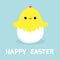 Chicken in Egg shell. Happy Easter. Cute cartoon funny kawaii baby character. Flat design. Greeting card. Blue pastel color