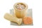 Chicken egg shells next to a wooden pestle and mortar with crush