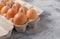 Chicken eggs close-up   egg cages.On a vintage table