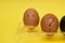 Chicken eggs in an egg stand. Tray for eggs. Half an egg, egg yolk, shell. Emotions and facial expressions on eggs, a