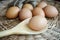 Chicken eggs in heap on cover basket