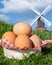 Chicken eggs in the wodden basket on the grass, beautiful scenery, Eggs on background with windmill, blue sky and white clouds,