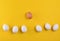 Chicken eggs on a yellow pastel background, concept of uniqueness, minimalism, creative easter background.
