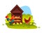 Chicken farm illustration with cock, hen, wooden perch, eggs, green bush and grass.