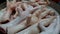 Chicken feet that have been cleaned and washed are placed in an aluminum pan. Raw chicken feet. Closeup photo.