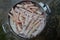 Chicken feet that have been cleaned and washed are placed in an aluminum pan. Raw chicken feet. Closeup photo.