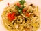 chicken fettucini or more popular with Alfredo Fettuccine, white sauce is made from butter, parsley, cream and minced garlic.