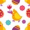 Chicken with flower and painted eggs Easter seamless pattern vector