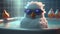 A chicken with glasses relaxing in a hot tub