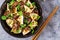 Chicken hearts with carrots in sweet and sour sauce with farfalle pasta.