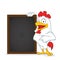 Chicken holding wooden menu board