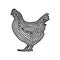 A chicken illustration icon in black offset line. Fingerprint st