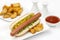 Chicken Jumbo Hotdog sandwich with fries & Ketchup on white plate