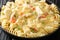 Chicken a la King is tender chicken in a creamy sauce with mushrooms, bell peppers and peas served with pasta  close up in the