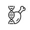 Chicken leg with DNA strand. Lab grown meat. Line art cultured poultry icon. Synthetic future food. Black simple illustration.