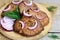 Chicken liver patties with carrot and onion. Homemade fried chicken liver patties on a wooden cutting board