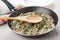 Chicken liver in sour cream, spoon in frying pan, plate