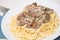 Chicken livers in a creamy sauce with spaghetti